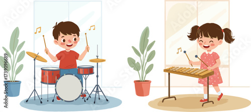 Children playing musical instruments indoors, boy on drum set, girl on xylophone, happy kids music performance, creative learning, fun activity
