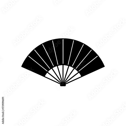 Stylized silhouette of a handheld fan open on transparent background