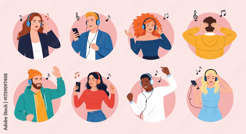 Fototapeta premium Music listening. Smiling men and women listening to music on smartphone, dancing, singing song, relaxing and having fun set. Music lovers wearing headphones and enjoying modern audio sound collection