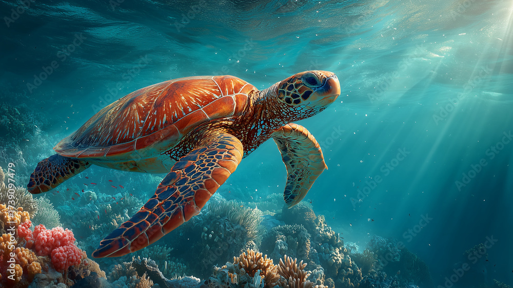 Fototapeta premium Tortue verte au-dessus d’un récif corallien, rayons de soleil