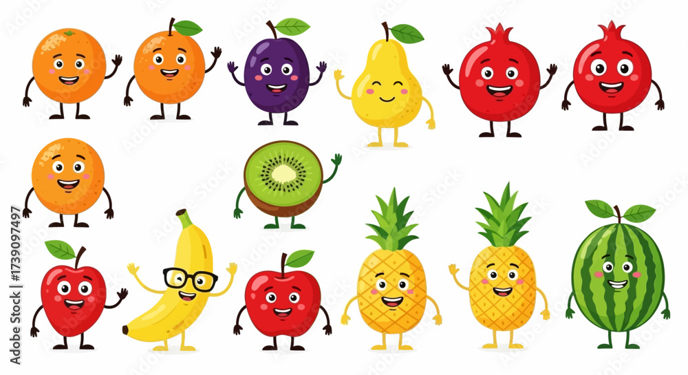 Obraz premium Cartoon funny fruits characters and fruits face isolated on white background vector illustration. Funny fruit face and cartoon fruit characters icon vector set. Cartoon characters. Cartoon face food.
