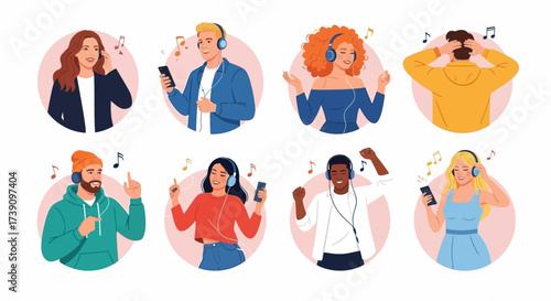 Music listening. Smiling men and women listening to music on smartphone, dancing, singing song, relaxing and having fun set. Music lovers wearing headphones and enjoying modern audio sound collection