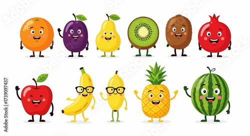 Cartoon funny fruits characters and fruits face isolated on white background vector illustration. Funny fruit face and cartoon fruit characters icon vector set. Cartoon characters. Cartoon face food.