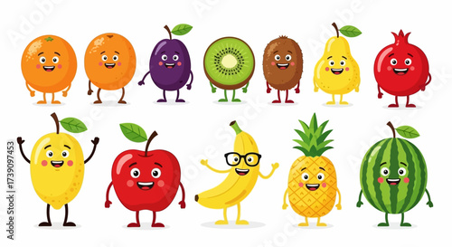 Cartoon funny fruits characters and fruits face isolated on white background vector illustration. Funny fruit face and cartoon fruit characters icon vector set. Cartoon characters. Cartoon face food.
