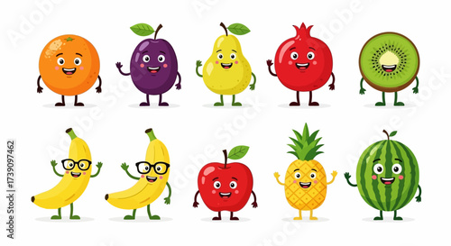 Cartoon funny fruits characters and fruits face isolated on white background vector illustration. Funny fruit face and cartoon fruit characters icon vector set. Cartoon characters. Cartoon face food.