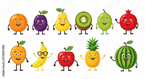 Cartoon funny fruits characters and fruits face isolated on white background vector illustration. Funny fruit face and cartoon fruit characters icon vector set. Cartoon characters. Cartoon face food.