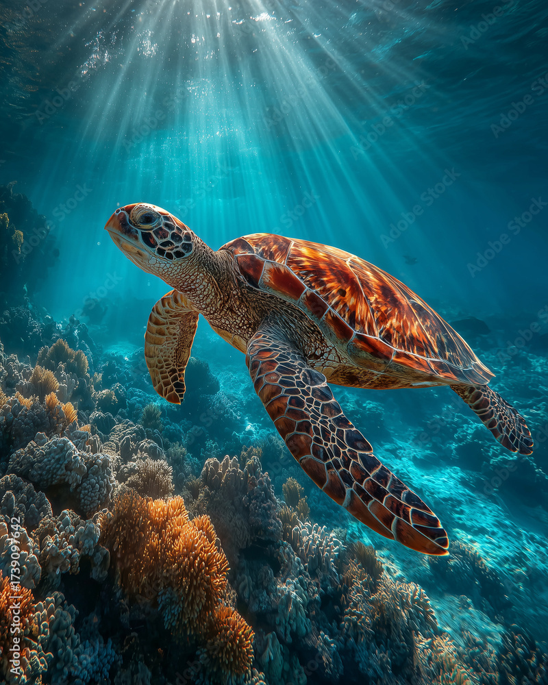 Fototapeta premium Tortue verte au-dessus d’un récif corallien, rayons de soleil