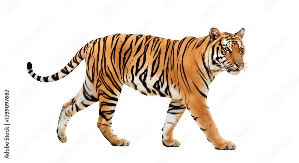 Obraz premium Majestic Bengal Tiger Walking Isolated on White Background - Full Body Studio Shot of Powerful Wild Big Cat, Symbolizing Strength and Wilderness