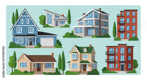 Real estate set with sale houses vector illustration. Family dream home set. Vacation houses in rural area. Advertising design elements. Real estate business concept. Facade apartment house, cottage.