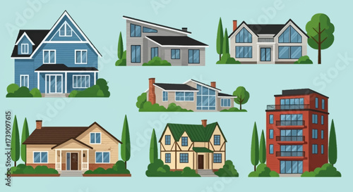Real estate set with sale houses vector illustration. Family dream home set. Vacation houses in rural area. Advertising design elements. Real estate business concept. Facade apartment house, cottage.