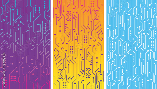 Set of three circuit technology background for mobile screen. Abstract modern blue tech background for computer, mobile, laptop or digital screen.