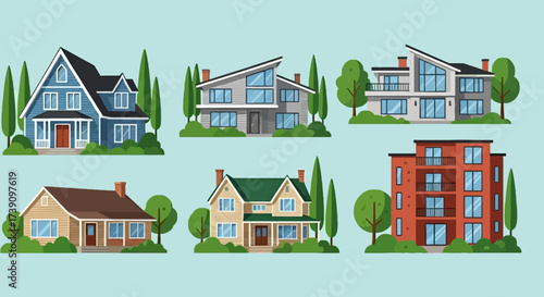 Real estate set with sale houses vector illustration. Family dream home set. Vacation houses in rural area. Advertising design elements. Real estate business concept. Facade apartment house, cottage.