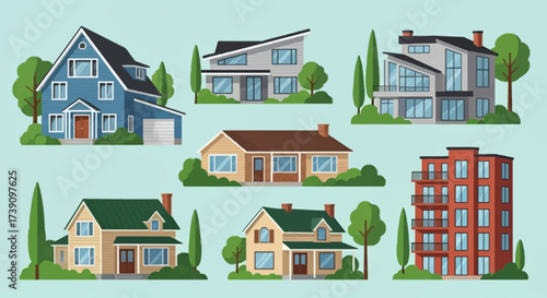 Real estate set with sale houses vector illustration. Family dream home set. Vacation houses in rural area. Advertising design elements. Real estate business concept. Facade apartment house, cottage.