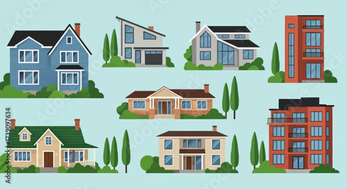 Real estate set with sale houses vector illustration. Family dream home set. Vacation houses in rural area. Advertising design elements. Real estate business concept. Facade apartment house, cottage.