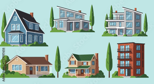 Real estate set with sale houses vector illustration. Family dream home set. Vacation houses in rural area. Advertising design elements. Real estate business concept. Facade apartment house, cottage.