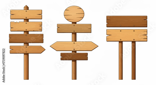 Wooden way direction sign. Vintage board on pole from brown hardwood layout for information or advertising message. Textured wooden sign board and direction arrows cartoon vector illustration