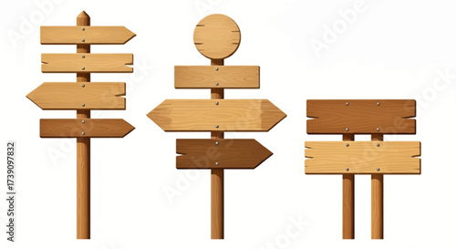 Wooden way direction sign. Vintage board on pole from brown hardwood layout for information or advertising message. Textured wooden sign board and direction arrows cartoon vector illustration