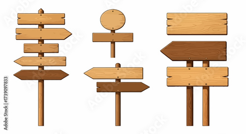 Wooden way direction sign. Vintage board on pole from brown hardwood layout for information or advertising message. Textured wooden sign board and direction arrows cartoon vector illustration