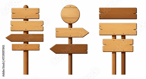 Wooden way direction sign. Vintage board on pole from brown hardwood layout for information or advertising message. Textured wooden sign board and direction arrows cartoon vector illustration