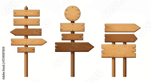 Wooden way direction sign. Vintage board on pole from brown hardwood layout for information or advertising message. Textured wooden sign board and direction arrows cartoon vector illustration