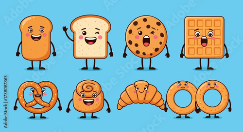 Cartoon funny bakery characters isolated vector illustration. Funny food face icon. Bakery emoji. Funny cookies, laughing bread. Cartoon emoticon face of food. Gloomy croissant, pretzel. Funny food.