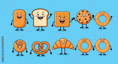 Cartoon funny bakery characters isolated vector illustration. Funny food face icon. Bakery emoji. Funny cookies, laughing bread. Cartoon emoticon face of food. Gloomy croissant, pretzel. Funny food.