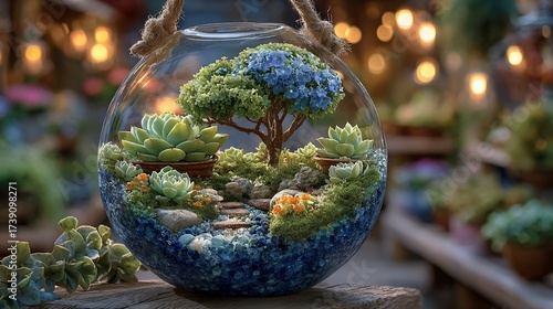Captivating terrarium showcases a miniature garden ecosystem with succulents and a bonsai tree