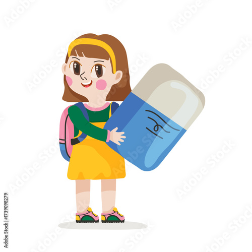 A cute schoolgirl holds a eraser in her hands. Back to School concept. Preschooler ready for first lesson. Perfect for creating educational materials and thematic design.