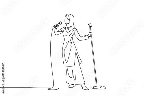 Continuous one line drawing Arabian woman in casual clothes singing while holding a standing mic and posing. Performance of a diva. National Sing Out Day. Single line draw design vector illustration