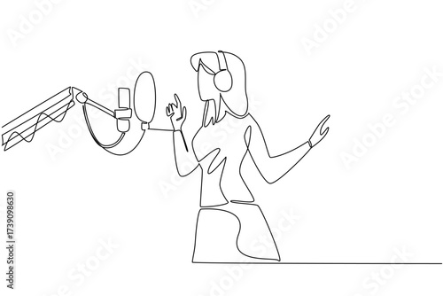 Single one line drawing a woman standing in front of standing mic using headphones is singing. The process of recording a new album. National Sing Out Day. Continuous line design graphic illustration
