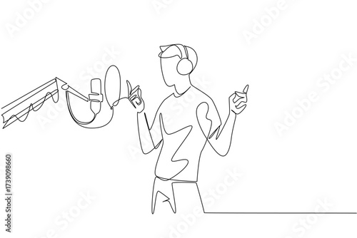Continuous one line drawing a man standing in front of a standing mic using headphones is singing. Future star singer discovered. National Sing Out Day. Single line draw design vector illustration