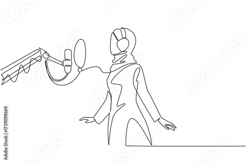 Single continuous line drawing Arab woman standing in front of mic using headphones is singing. First experience entering a recording studio. National Sing Out Day. One line design vector illustration