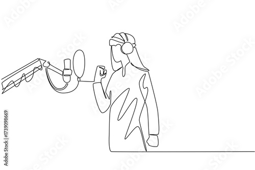 Continuous one line drawing Arab man standing in front of a mic using headphones is singing. Audition to enter the recording studio. National Sing Out Day. Single line draw design vector illustration