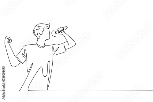 Single continuous line drawing a young man in casual clothes is singing. Practice seriously to join the talent search event. Hobby singing. National Sing Out Day. One line design vector illustration