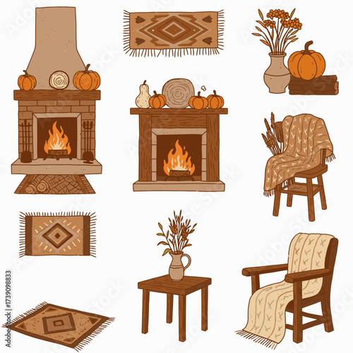 Hand-drawn illustration of cozy autumnal home decor, featuring fireplaces, warm blankets, rustic armchairs, rugs, and festive pumpkins.