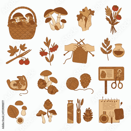 A charming collection of hand-drawn autumn elements, featuring mushrooms, berries, crafting supplies, and natural foraging items, perfect for seasonal designs.