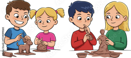 Children sculpting clay in classroom, kids art activity, creative learning, teamwork, fine motor skills, school project, hands-on education, childhood creativity