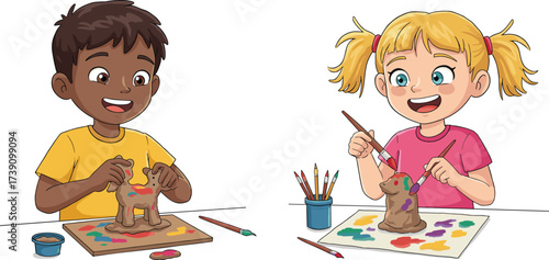 Children sculpting clay, painting colorful figures, creative kids art activity, classroom learning, childhood creativity, hands-on education, teamwork, imagination, fun, play
