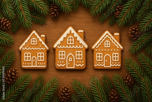 Three Christmas gingerbread houses on a wooden table with fir branches.