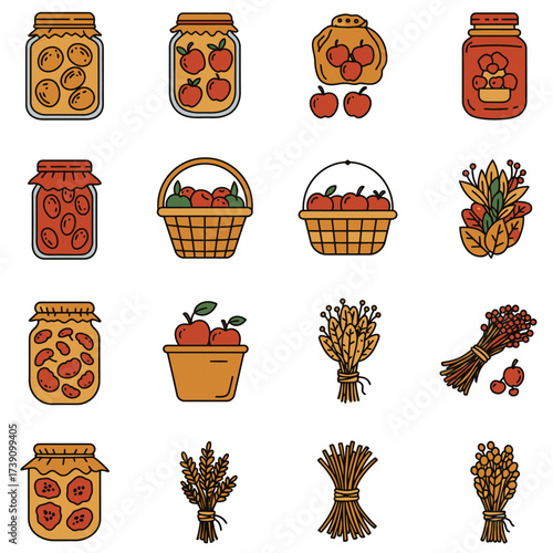 A vibrant collection of autumn harvest icons featuring jars of homemade preserves, fresh apples in baskets, and bundles of wheat, perfect for seasonal designs.