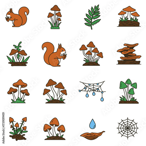 Charming autumn nature icons featuring squirrels, various mushroom types, a fern leaf, and intricate spiderwebs with glistening water droplets.