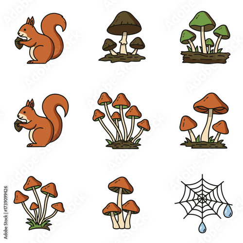 A delightful collection of hand-drawn autumn-themed illustrations, showcasing cute squirrels, various fungi, and a delicate spiderweb, perfect for fall designs.