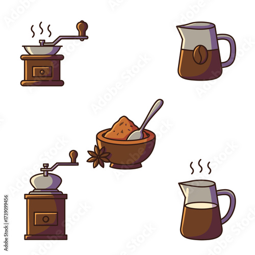An appealing illustration showcasing various coffee preparation elements, including grinders, brewed coffee in jugs, and a bowl of aromatic spices with star anise.