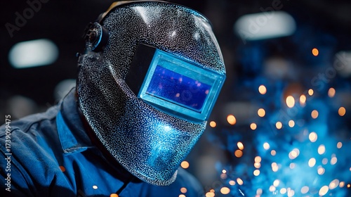 Close-up of a Welder at Work in a Manufacturing Environment with Bright Sparks Flying