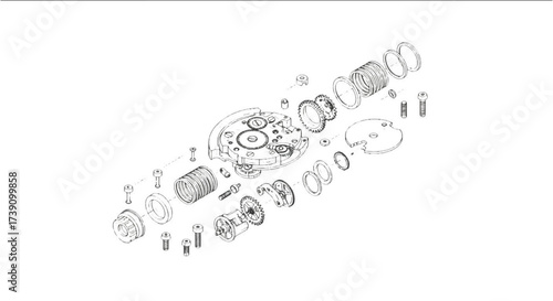 Exploded Gear Mechanism Vector Line Art, Isometric Mechanical Assembly Engineering Parts Diagram