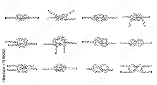 Rope Knots Vector Line Icons Set, Nautical Sailing Climbing Tying Guide Illustration