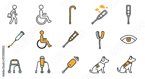 Accessibility Assistive Devices Vector Line Icons Set, Wheelchair Cane Crutch Walker Prosthetic Guide Dog