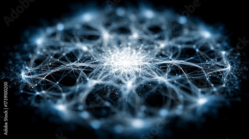 Complex network illustration with glowing nodes and connections creating futuristic feel