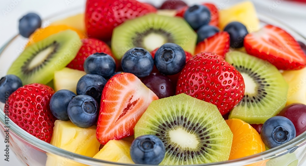 Obraz premium A colorful medley of fresh fruits in a glass bowl creates a vibrant, healthy and visually appealing display of