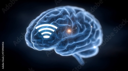 Conceptual image showing a human brain illuminated with a prominent Wi-Fi signal interface